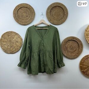 Torrid Green Button Front Cotton V-Neck Babydoll Long Sleeve Blouse Plus Size 1X